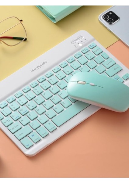 Village Concept Mini Taşınabilir Kablosuz Bluetooth Klavye ve Mouse Seti (Green)