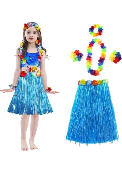 Yetişkin ve Çocuk Uyumlu Hawaii Luau Ha Mavi Püsküllü Etek Kolye ve 2 Adet Bileklik Seti