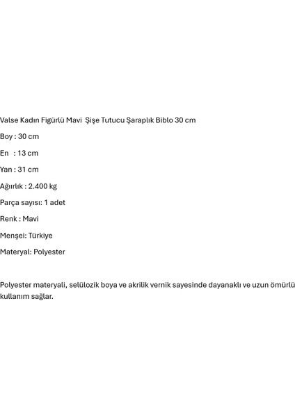 Valse Kadın Figürlü Mavi Şişe Tutucu Şaraplık Biblo 30 cm