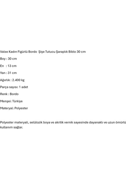 Valse Kadın Figürlü Bordo Şişe Tutucu Şaraplık Biblo 30 cm