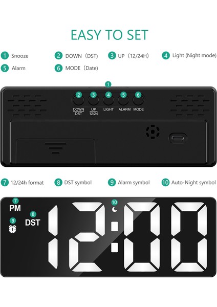 Ses Kontrolü Dijital Çalar Saat Sıcaklık Çift Alarm Erteleme Masaüstü Masa Saati Gece Modu 12/24H LED Saat