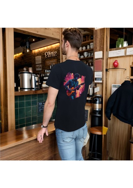 Neon Guitar T-Shirt Pamuklu Siyah Penye Basic Erkek Tişört fırsatları