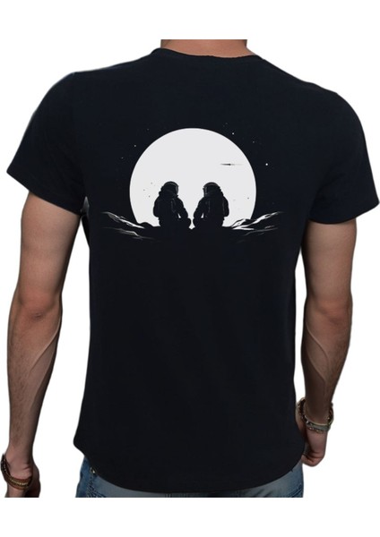 Man On The Moon T-Shirt Pamuklu Siyah Penye Basic Erkek Tişört