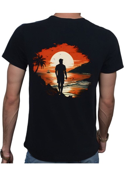 Man On Island T-Shirt %100 Pamuklu Siyah Penye Basic Erkek Tişört