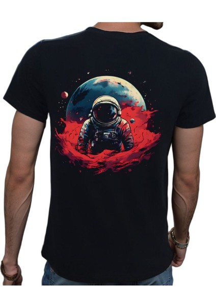 Man On The Moon T-Shirt %100 Pamuklu Siyah Penye Basic Erkek Tişört