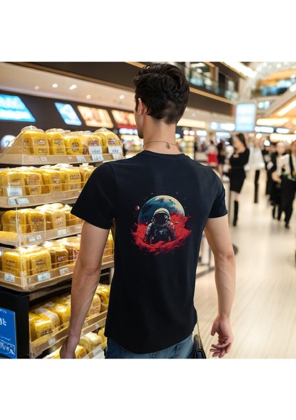 Man On The Moon T-Shirt %100 Pamuklu Siyah Penye Basic Erkek Tişört fırsatları