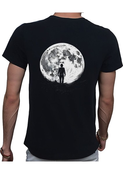 To The Moon And Back T-Shirt Pamuklu Siyah Penye Basic Erkek Tişört