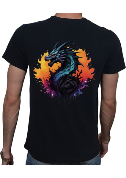 Splash Dragon T-Shirt %100 Pamuklu Siyah Penye Basic Erkek Tişört