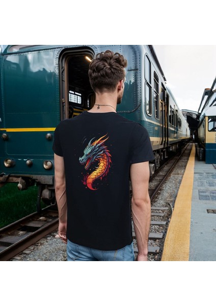 Splash Dragon T-Shirt %100 Pamuklu Siyah Penye Basic Erkek Tişört fırsatları