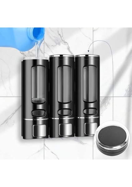 3 Adet Siyah 400 ml Sabunluk Duvara Monte Şeffaf Sıvı Plastik ve Mutfak Banyo Şişesi