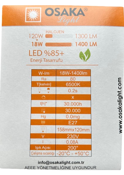 (10 Adet) 18W (120W) 6500K (Beyaz Işık) E27 Duylu (Kalın Duy) Glop LED Ampul
