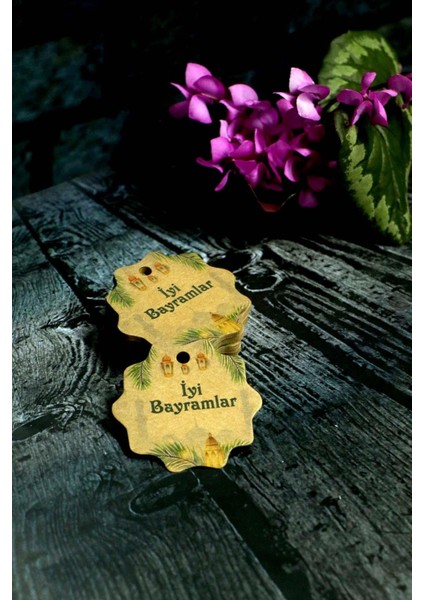 Bayram Etiketi - Iyi Bayramlar Baskılı - 50 Adet Kraft Bayram Etiketi (5 Cm)