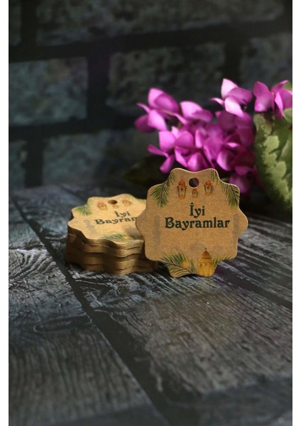 Bayram Etiketi - Iyi Bayramlar Baskılı - 50 Adet Kraft Bayram Etiketi (5 Cm)