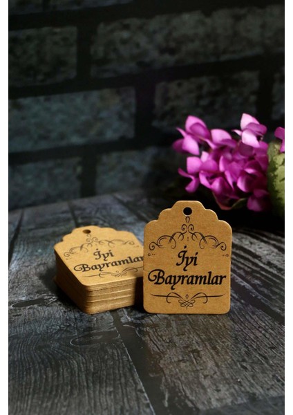 Bayram Etiketi - Iyi Bayramlar Baskılı -50 Adet Desen Baskılı Kraft Bayram Etiketi (4.5 x 6cm)