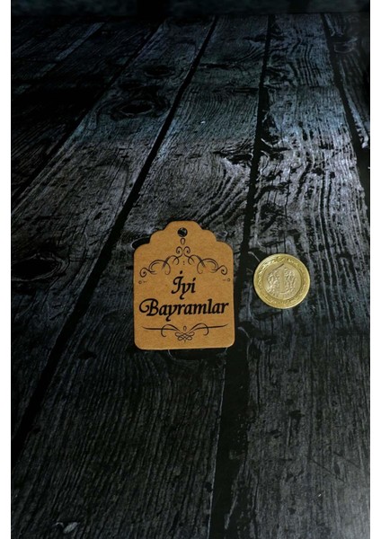 Bayram Etiketi - Iyi Bayramlar Baskılı -50 Adet Desen Baskılı Kraft Bayram Etiketi (4.5 x 6cm)