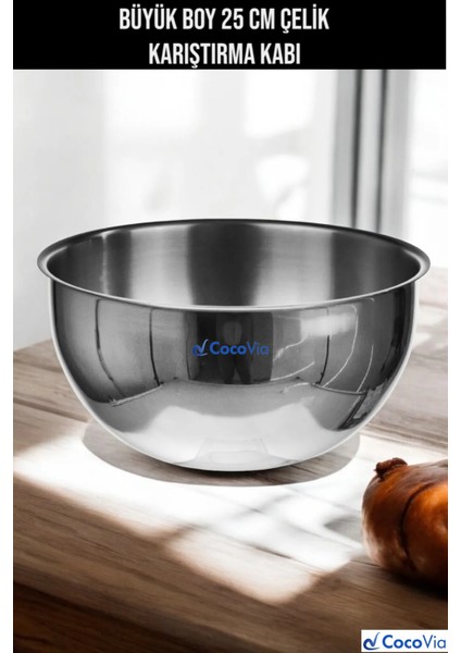 Büyük Boy Paslanmaz Çelik Profesyonel Karıştırma Kabı | Salata Servis Kasesi| Çelik Çırpma Kabı 25CM