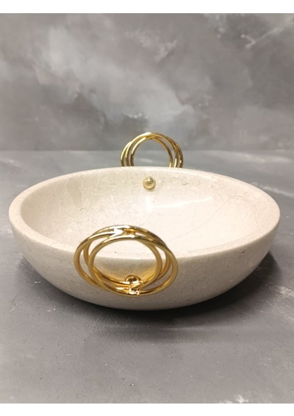 Bej Mermer Pirinç Halka Aksesuarlı Sunum Tabağı-18 cm