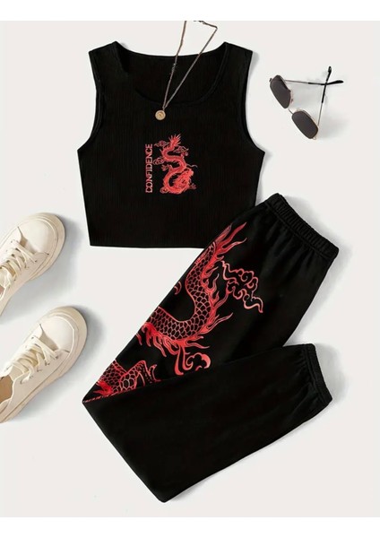 Kıds Face Özel Tasarım Kırmızı Ejderha Baskılı Yazlık Japon Stil Kız Çocuk Crop Eşofman Takımı