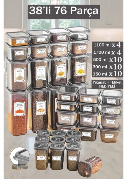 Milan Big Mega 38'li 76 Parça Saklama Kabı & Baharatlık Seti 4X(1700ML 1100ML)10X(500ML350ML300 Ml)