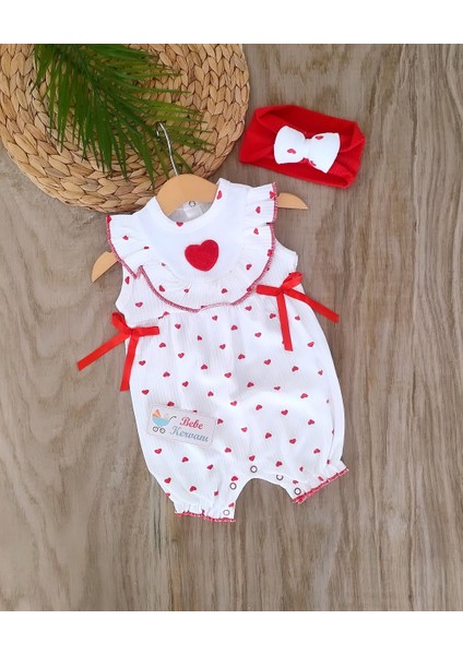 Kız Bebek %100 Pamuk Kalpli Yazlık Bandanalı Tulum Set BBK1206