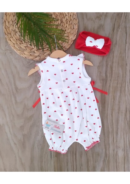 Kız Bebek %100 Pamuk Kalpli Yazlık Bandanalı Tulum Set BBK1206