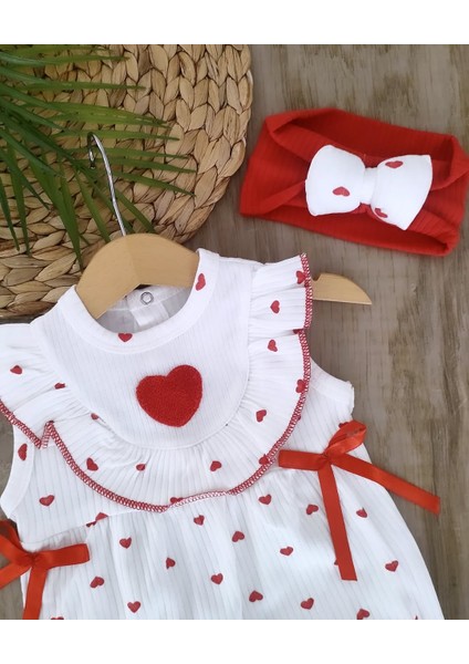 Kız Bebek %100 Pamuk Kalpli Yazlık Bandanalı Tulum Set BBK1206