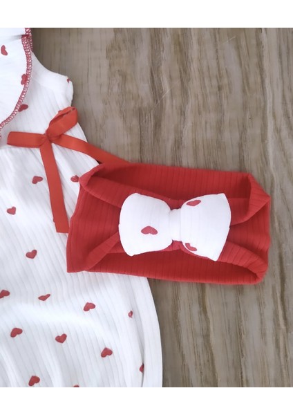 Kız Bebek %100 Pamuk Kalpli Yazlık Bandanalı Tulum Set BBK1206