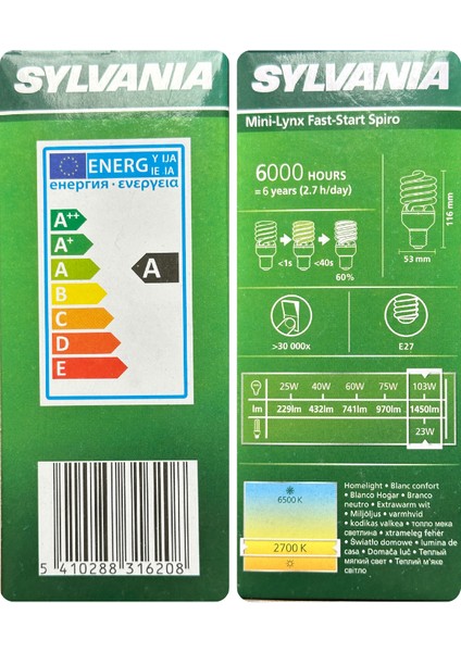 (10 Adet) Sylvania 23W (103W) 2700K (Sarı Işık) E27 Duylu (Kalın Duy) Tasarruflu Ampul