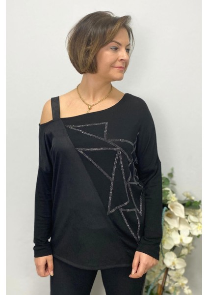 Kadın Siyah Tek Omuz Asimetrik Taş Detaylı Bluz