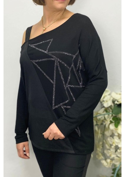 Kadın Siyah Tek Omuz Asimetrik Taş Detaylı Bluz fırsatları