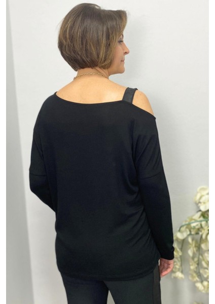 Kadın Siyah Tek Omuz Asimetrik Taş Detaylı Bluz indirimleri