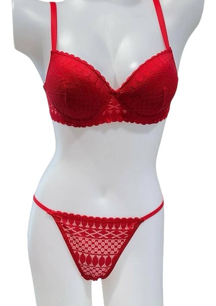 Dantel Işlemeli Kırmızı Dolgulu Balenli Destekli Sütyen Külot Iç Çamaşır Takımı Push Up