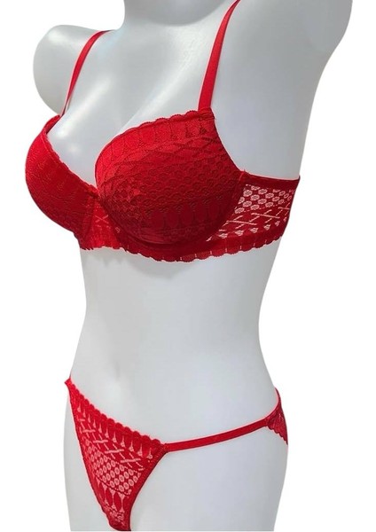 Dantel Işlemeli Kırmızı Dolgulu Balenli Destekli Sütyen Külot Iç Çamaşır Takımı Push Up fırsatları