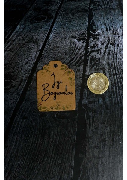 Bayram Etiketi - Iyi Bayramlar Baskılı - 50 Adet Yaprak Baskılı Kraft Bayram Etiketi (4.5 x 6 Cm)