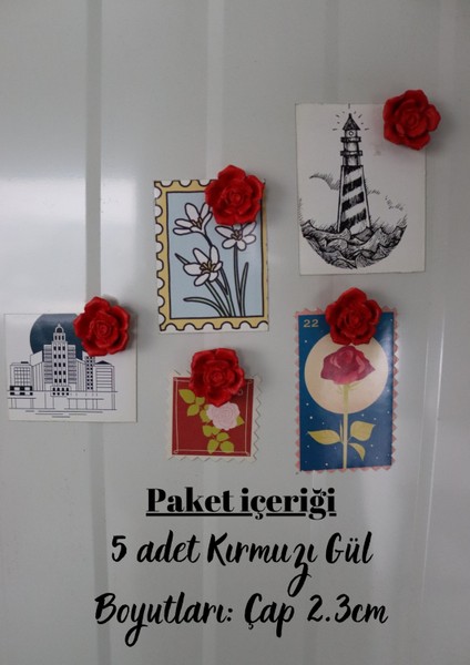 5’li Kırmızı Gül Magneti - Buzdolabı Magneti - Buzdolabı Süsü-Mıknatıslı Fotoğraf Tutucu Magnet