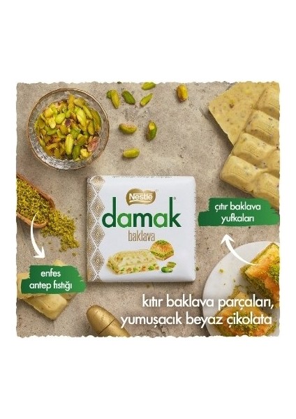 Damak Antep Fıstıklı Baklavalı Beyaz Çikolata 60 gr 6'lı modelleri
