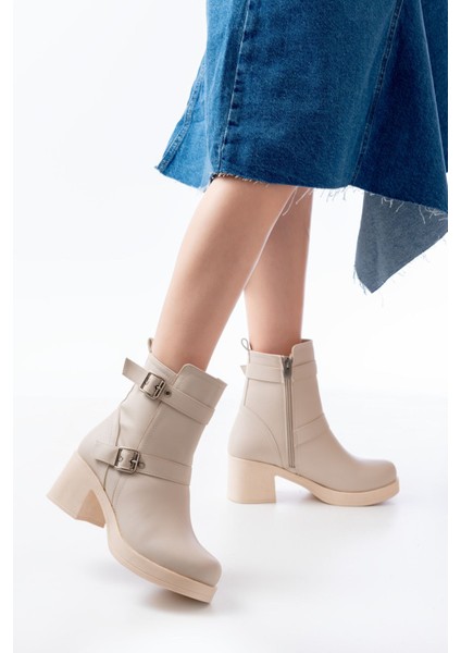 5109-3027 Bej Topuklu Fermuarlı Günlük Kadın Bot fırsatları