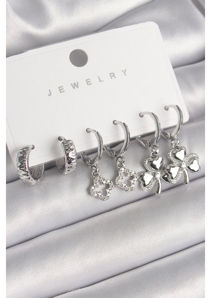 Pirinç Gümüş Renk Sallantı Zirkon Taşlı Yonca Model Kadın Küpe Seti