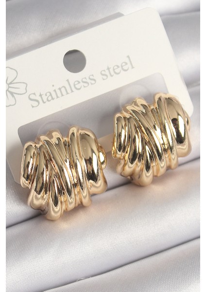 Pirinç Gold Renk İşlemeli Yarım Halka Model Kadın Küpe