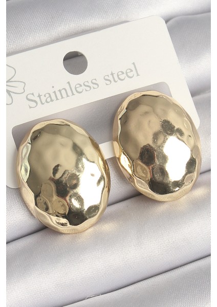 Pirinç Gold Renk İşlemeli Bombe Oval Model Kadın Küpe