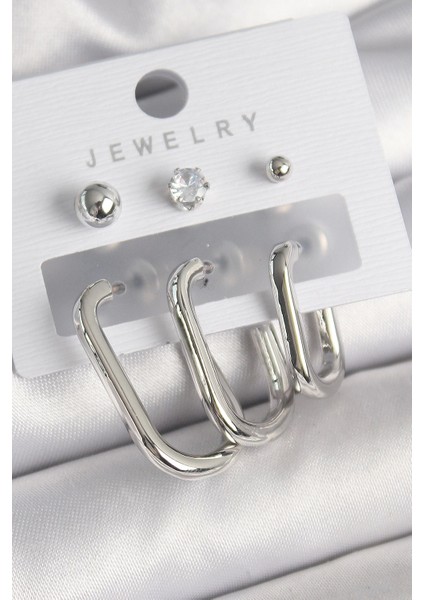 Pirinç Gümüş Renk Halka Model Zirkon Taşlı Topçuk Detay Kadın Küpe Seti