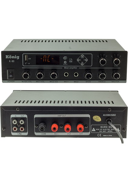 König K-80 MİNİ-80W 100V/70V/4-16 Ohm Usb/sd/bluetooth/2 Bölgeli 2 Mik.giriş Trafolu Anfi (4767)