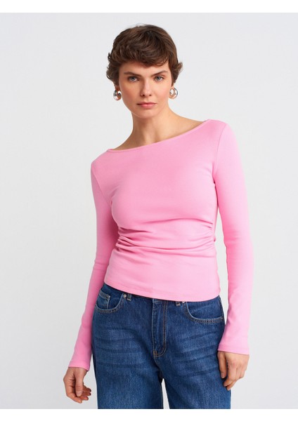 31401 Büzgülü Kayık Yaka Top-Pembe