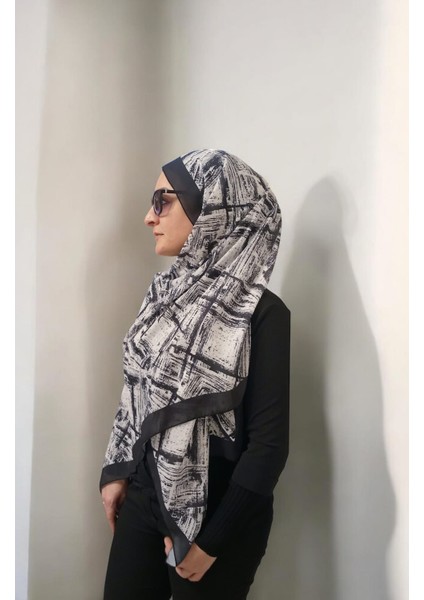 Ithal Krep Soyut Desen Siyah Beyaz Şal
