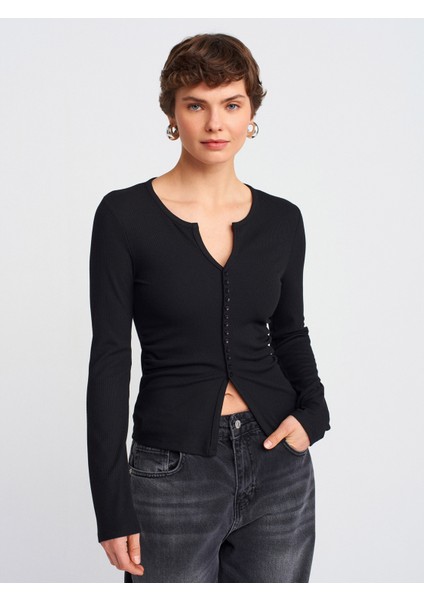 31548 Düğme Detaylı Büzgülü Top-Siyah