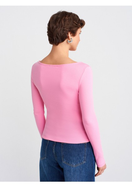 31401 Büzgülü Kayık Yaka Top-Pembe