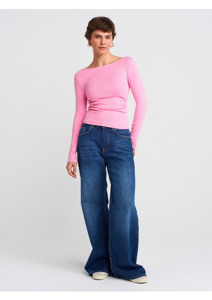 31401 Büzgülü Kayık Yaka Top-Pembe
