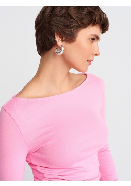 31401 Büzgülü Kayık Yaka Top-Pembe