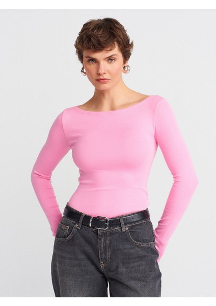 31332 Kayık Yaka Uzun Kollu Top-Pembe