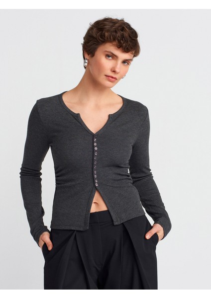 31548 Düğme Detaylı Büzgülü Top-Siyah